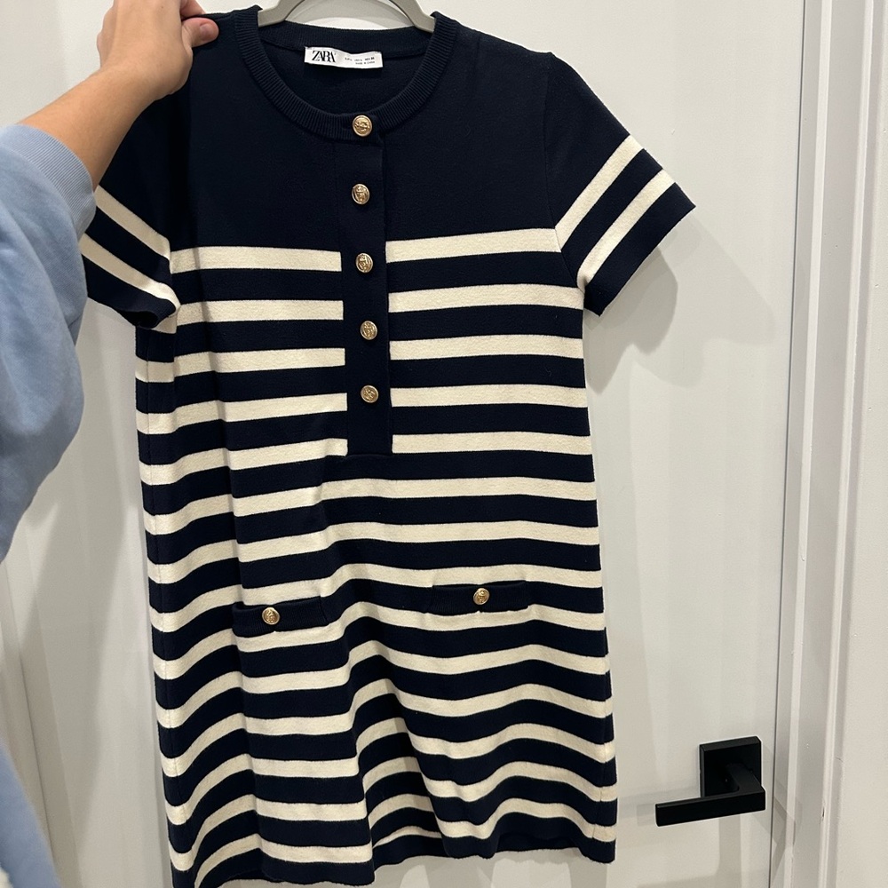 Zara Navy and White Striped Knit Dress